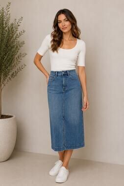Faherty Stretch Terry Midi Skirt Riverton Denim Look A-Line NWT Size 6 Coastl